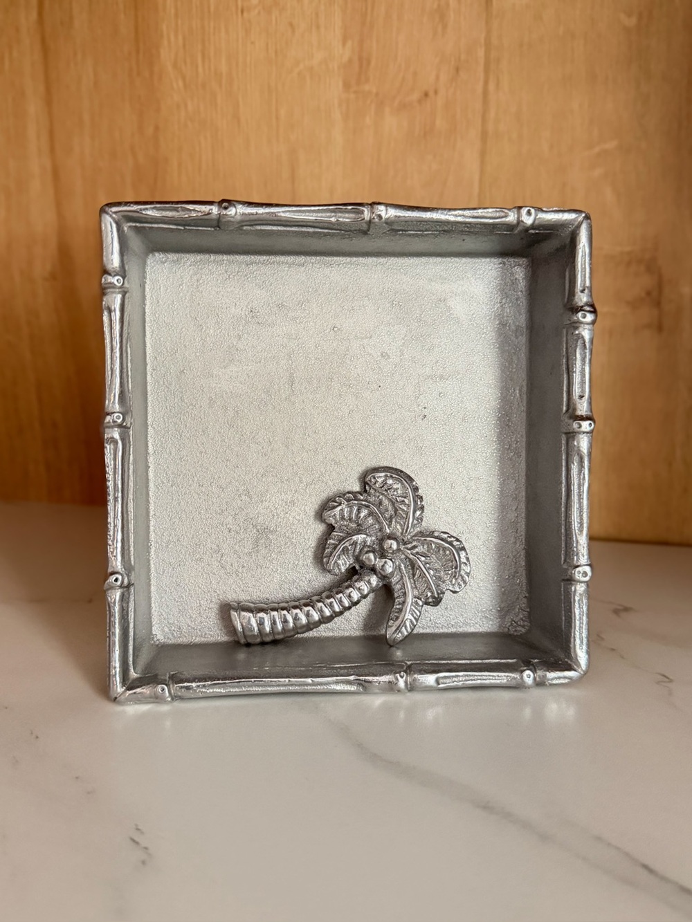 Mariposa Silver Bamboo Napkin Holder with Palm Tree Weight Tropical Coastal Deco